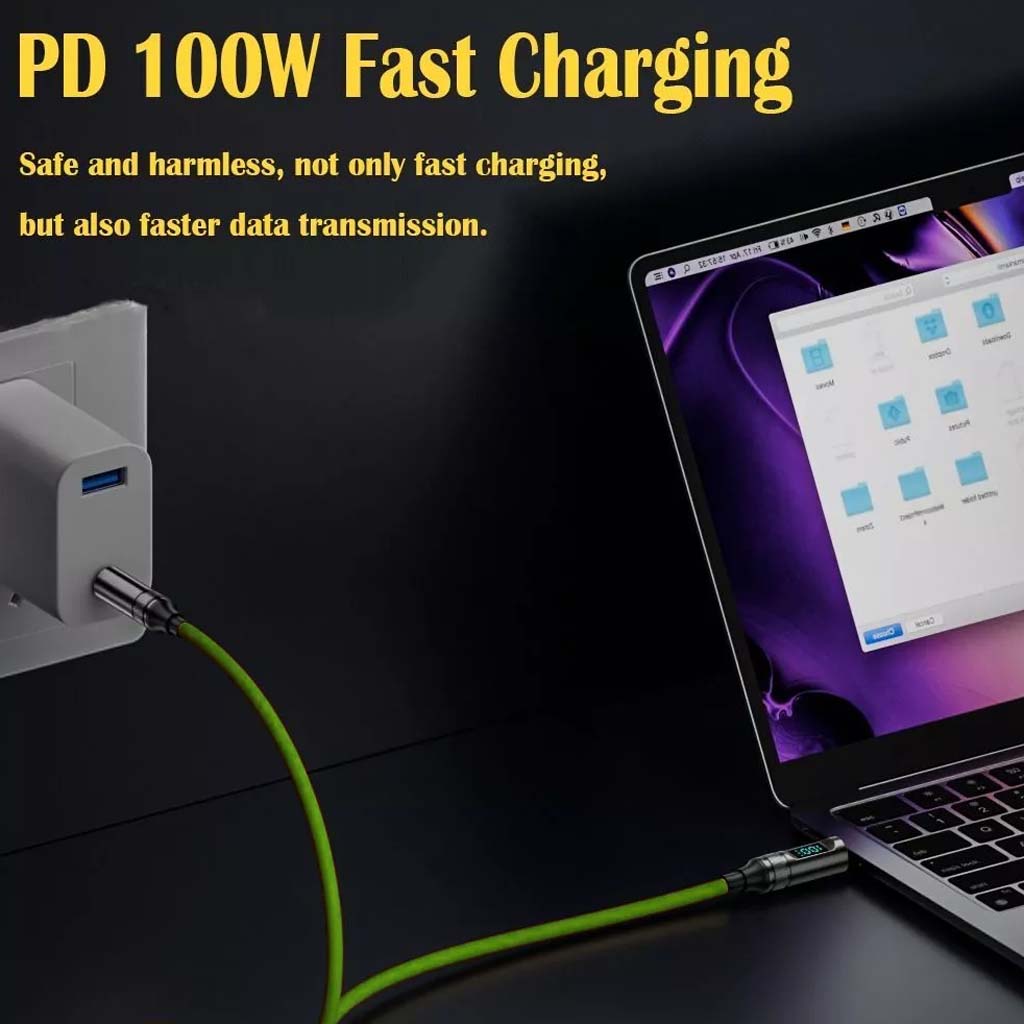 TECPHILE 100W Type-C to Type-C Cable plugged into laptop and wall adapter, supporting PD 100W fast charging and efficient data sync.