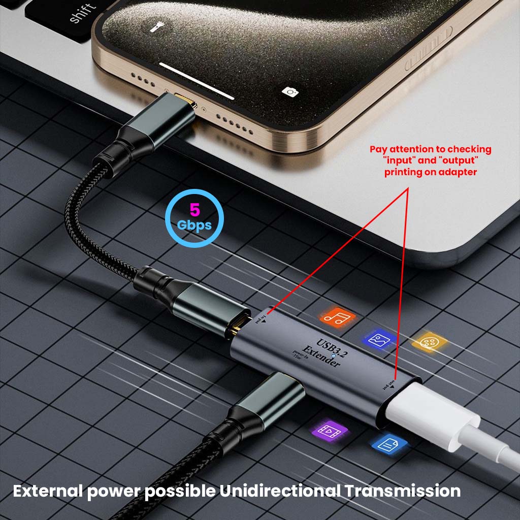 TECPHILE USB C 3.2 Signal Amplifier connected to a smartphone and laptop, supporting 5Gbps speed and unidirectional data transmission.