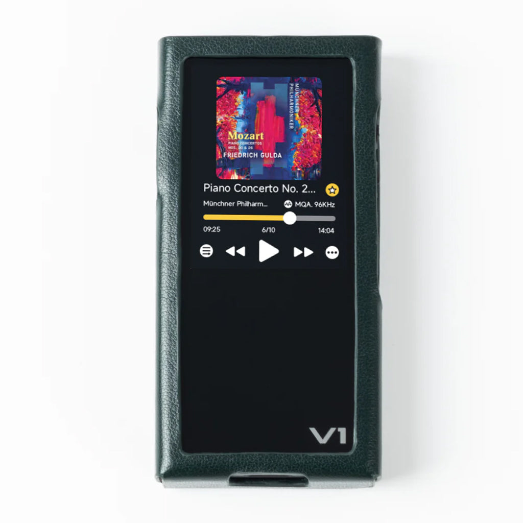 TempoTec V1 device inside the PU leather case, displaying music playback screen, showcasing perfect fit and easy access to display and buttons.