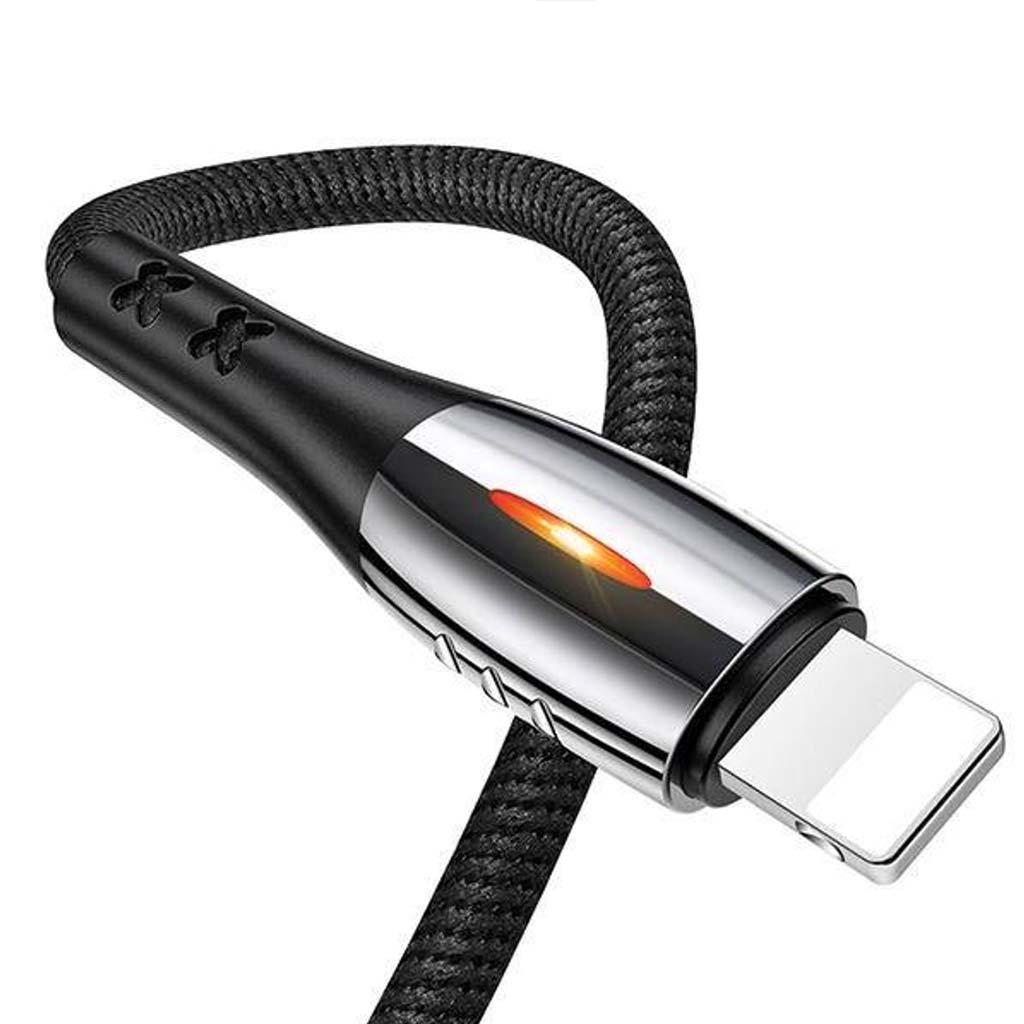 Close-up of USAMS-SJ344USB01 Lightning connector with glowing LED indicator and reinforced braided cable for durability.
