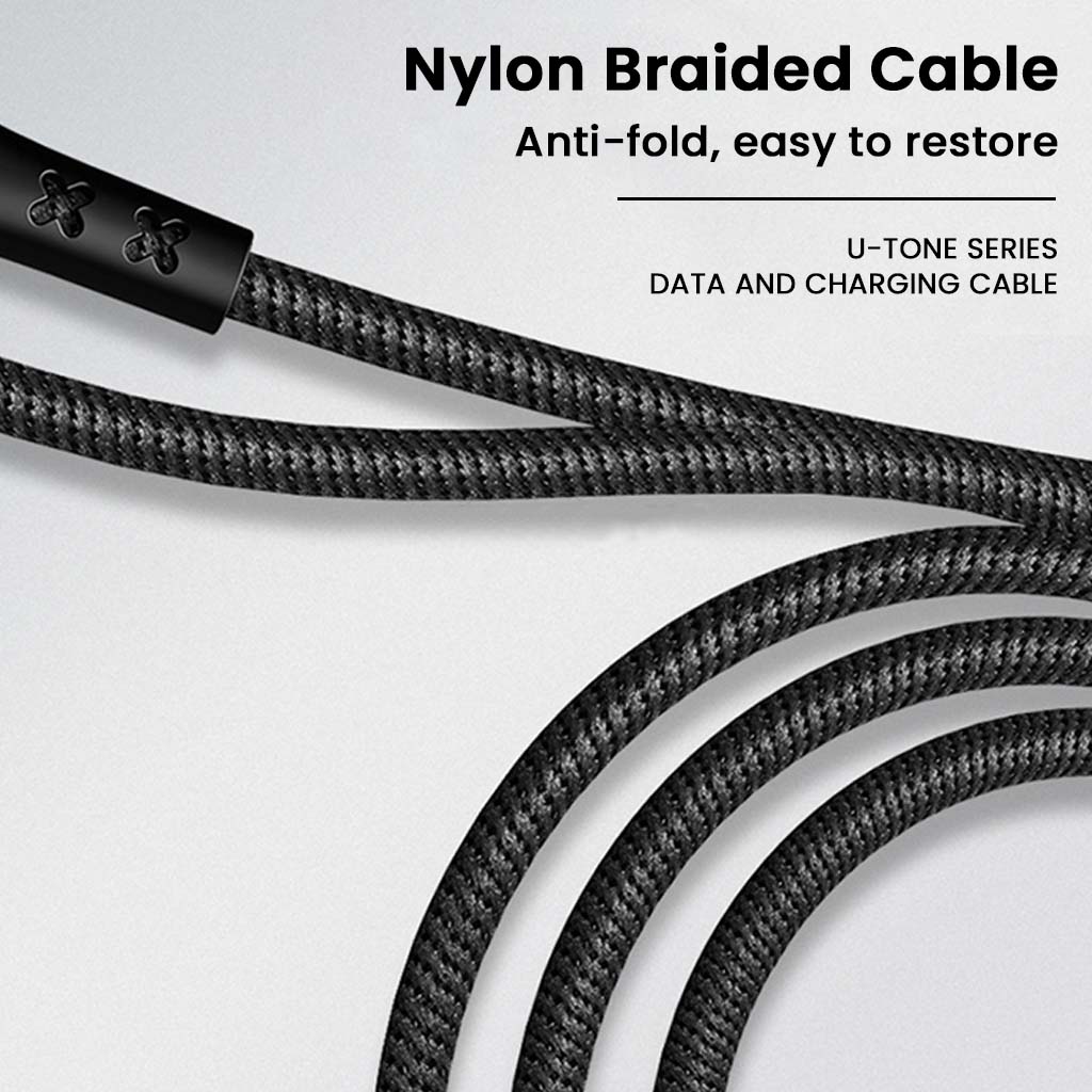 USAMS-SJ344USB01 USB-A to Lightning cable with anti-fold nylon braided exterior, designed for long-lasting flexibility and strength.