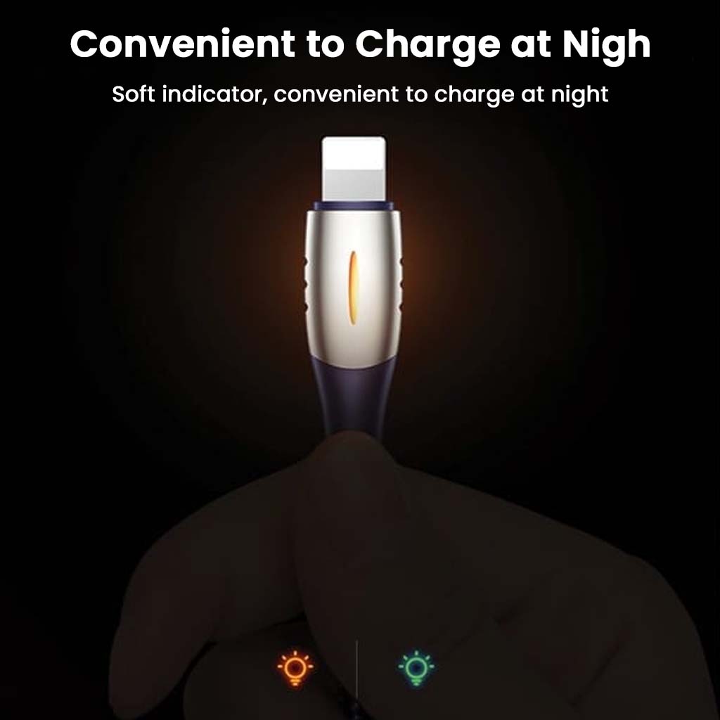 USAMS-SJ344USB01 Lightning cable with soft LED indicator for convenient night charging, enhancing visibility in low light.