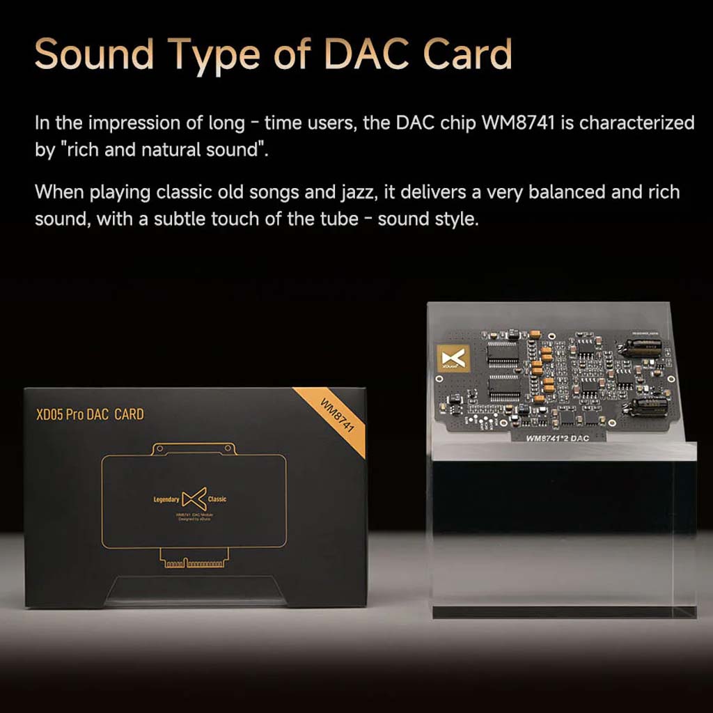 xDuoo XD05 Pro DAC Card WM8741 shown with packaging and internal circuit board, optimized for classic and jazz music sound quality.