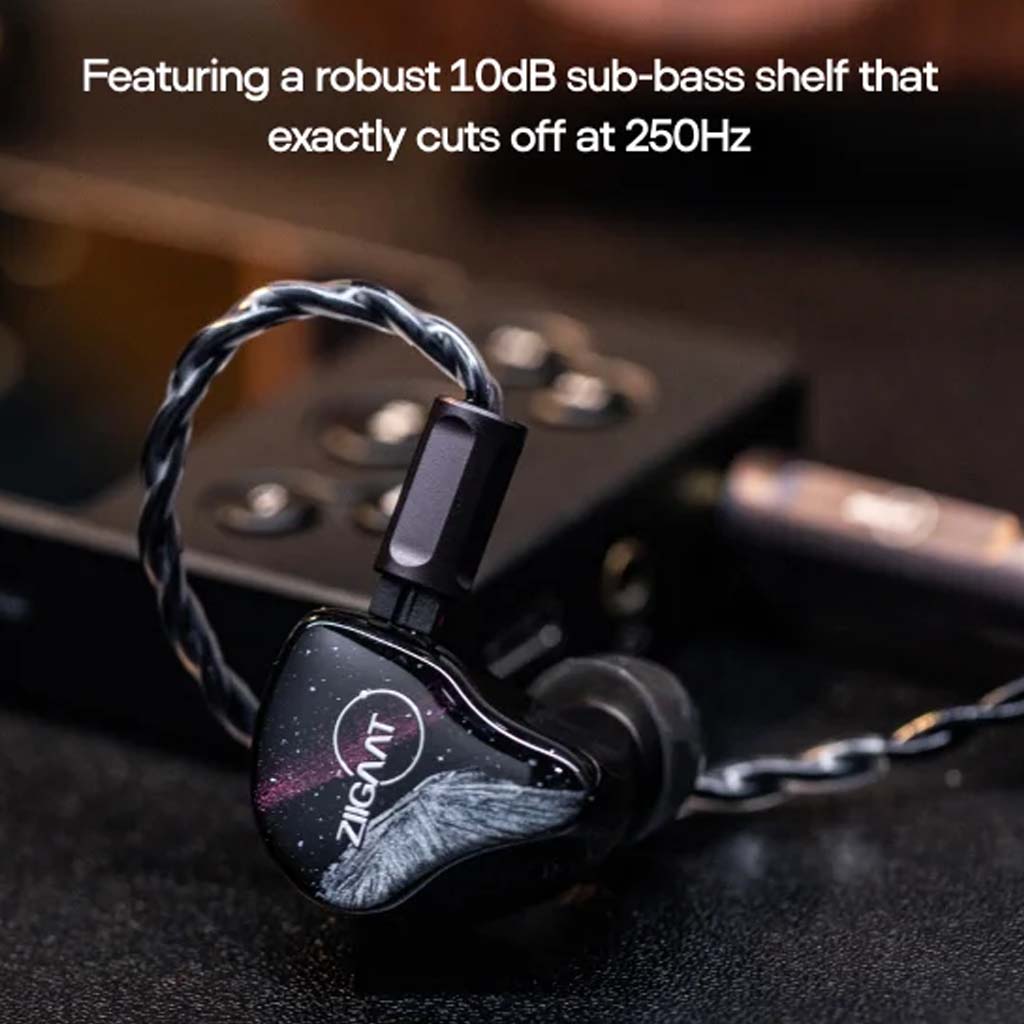Close-up of ZiiGaaT Crescent IEM highlighting 10dB sub-bass shelf tuning with a precise 250Hz cutoff for deep, controlled bass.