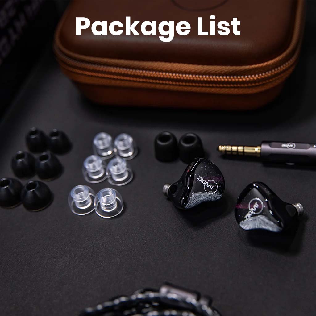 ZiiGaaT Crescent IEM package contents including ear tips, carry case, and braided cable for a complete audio experience.
