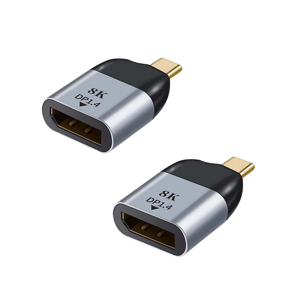 A silver-colored TECPHILE 8K DP 1.4 to Type-C Adapter with a female DisplayPort connector on one end and a Type-C port on the other.
