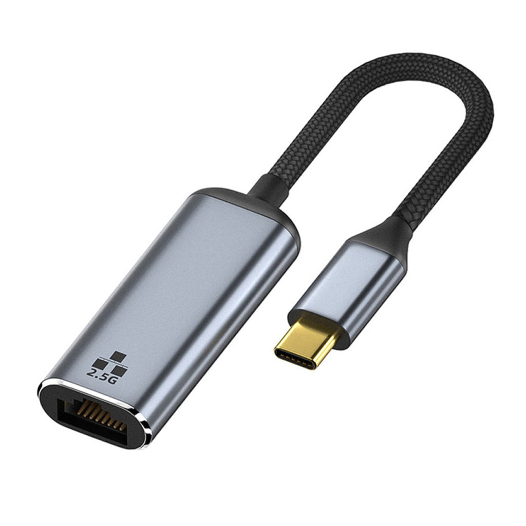 TECPHILE Type-C to 2.5G Ethernet LAN Network Converter with braided cable and metallic finish for high-speed data transfer via USB-C.