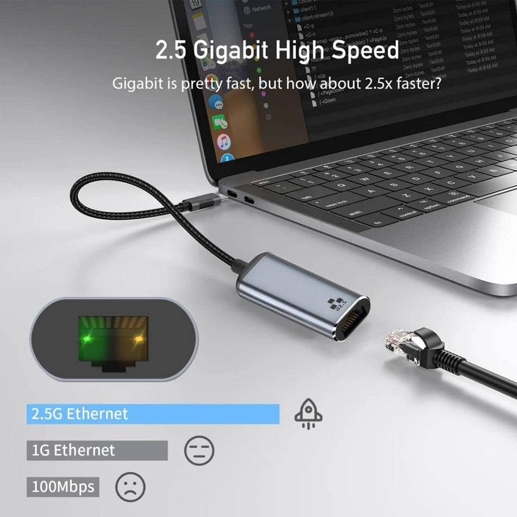 TECPHILE Type-C to 2.5G Ethernet Converter connected to a laptop, demonstrating 2.5G high-speed Ethernet performance over USB-C.