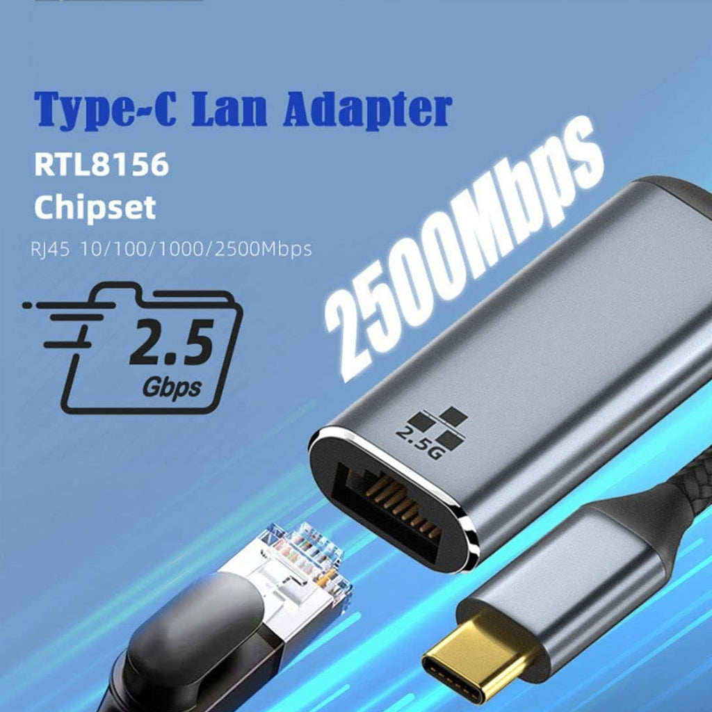 TECPHILE Type-C LAN Adapter with RTL8156 chipset supports up to 2500Mbps speed for ultra-fast Ethernet over USB-C connection.