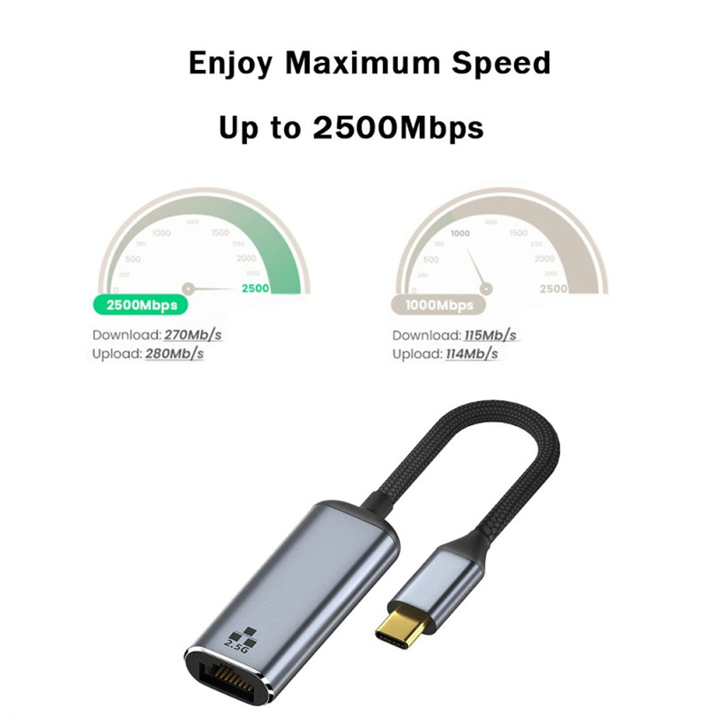 TECPHILE Type-C to 2.5G Ethernet Adapter offering up to 2500Mbps download and upload speeds for seamless internet performance.