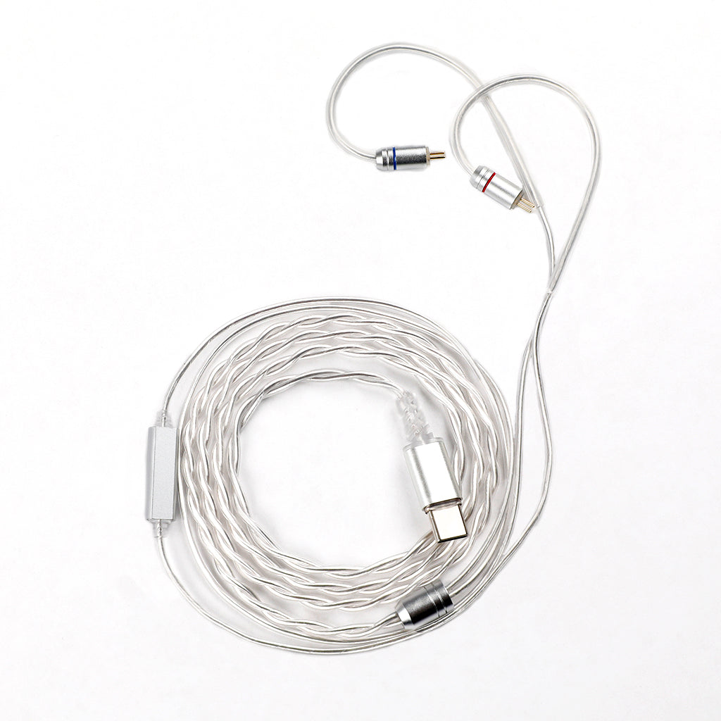 TANGZU Wan'er SG 2 replacement cable in silver with braided design and 0.78mm 2-pin connectors, includes inline mic for clear audio calls.