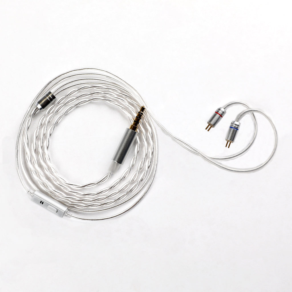 Silver TANGZU Wan'er SG 2 replacement cable with 3.5mm jack and 2-pin connectors, featuring inline mic for audio control.