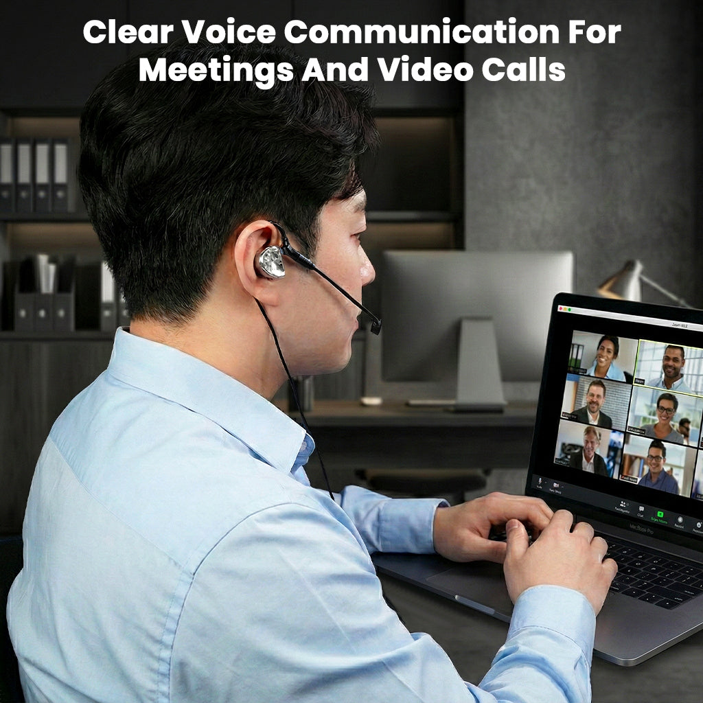 Professional using AUDIOCULAR BOOM-X Gaming IEM Cable for clear voice communication during virtual meetings and video calls.