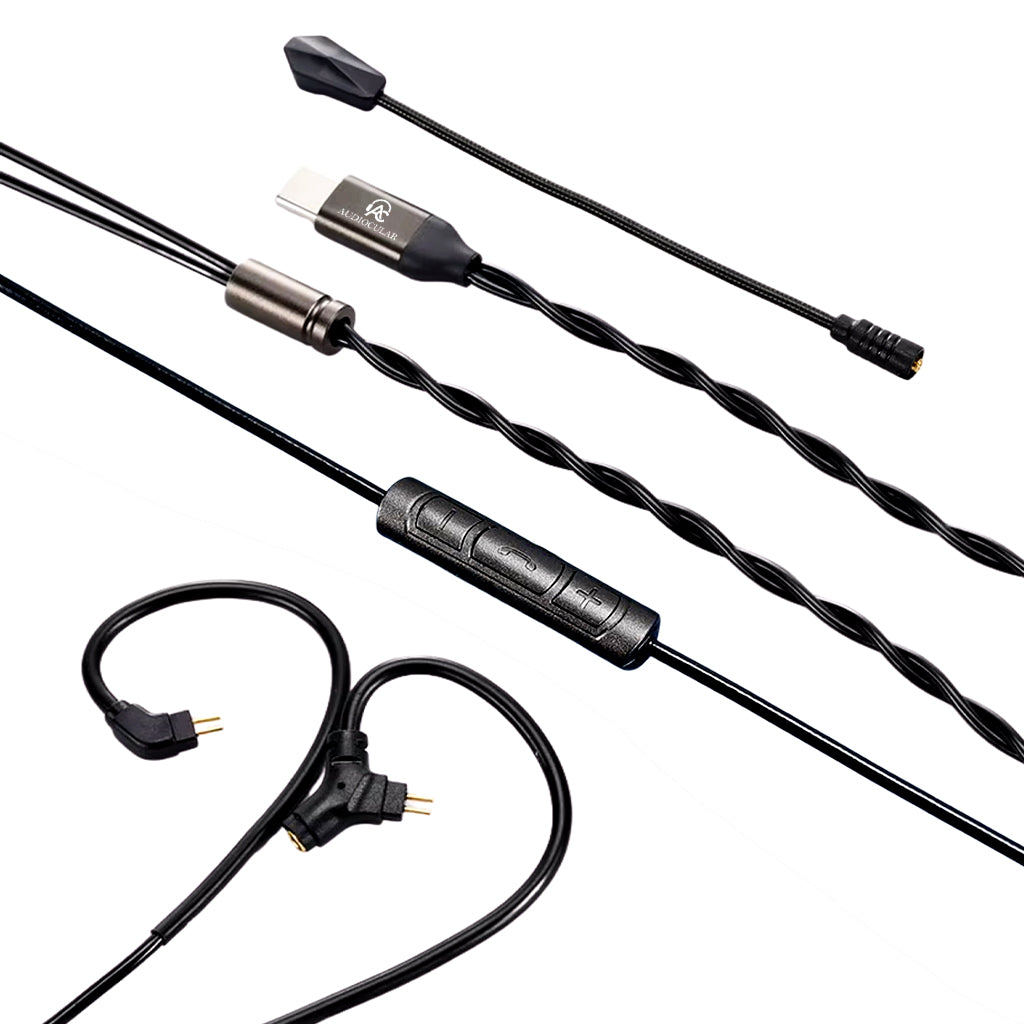 AUDIOCULAR BOOM-X Gaming IEM Upgrade Cable with Mic featuring 0.78mm 2-pin connectors, in-line controls, and detachable MMCX boom mic for esports.