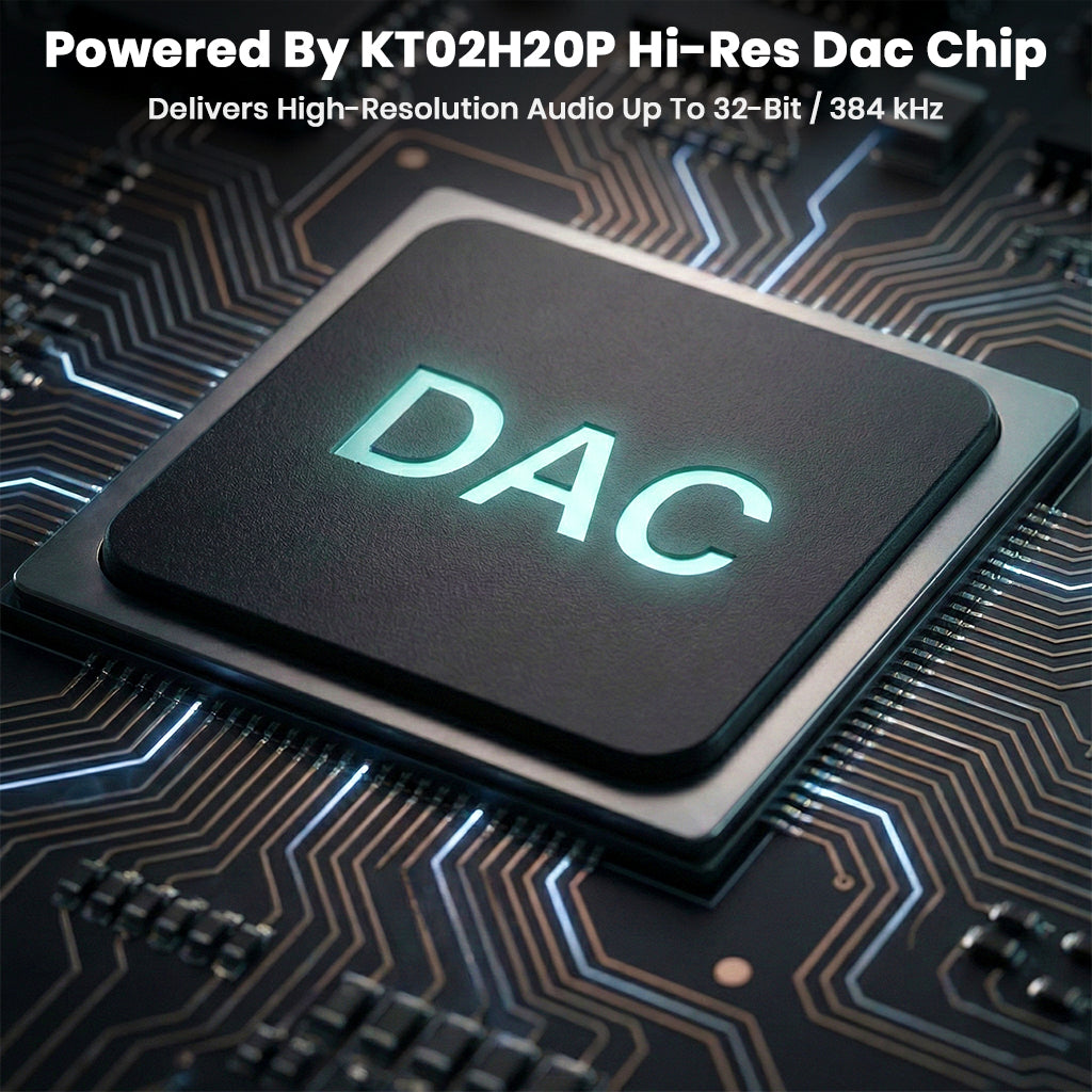 AUDIOCULAR BOOM-X Gaming IEM Cable powered by KT02H20P Hi-Res DAC chip delivering 32-bit/384kHz audio for immersive gaming sound.