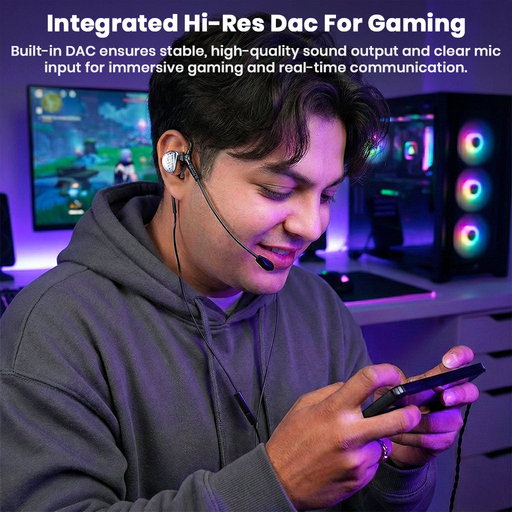 Gamer using AUDIOCULAR BOOM-X IEM Cable with built-in DAC and mic for high-quality sound and real-time communication on mobile.