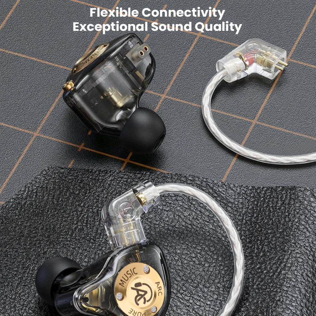 Transparent shell IEM with gold accents and flexible connectivity