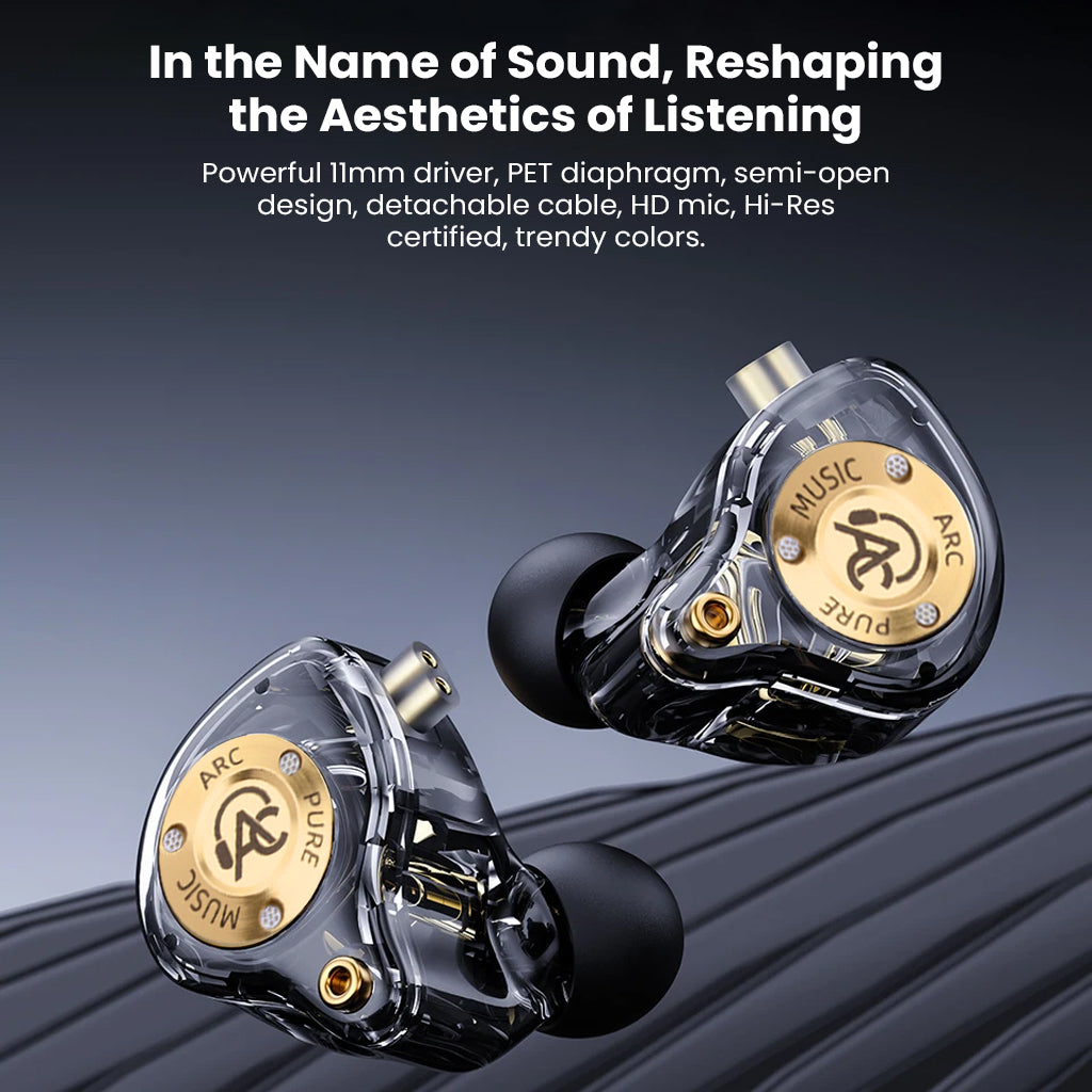 Stylish AUDIOCULAR ARC IEM with semi-open back design, gold detailing, and Hi-Res certification for immersive listening experience.