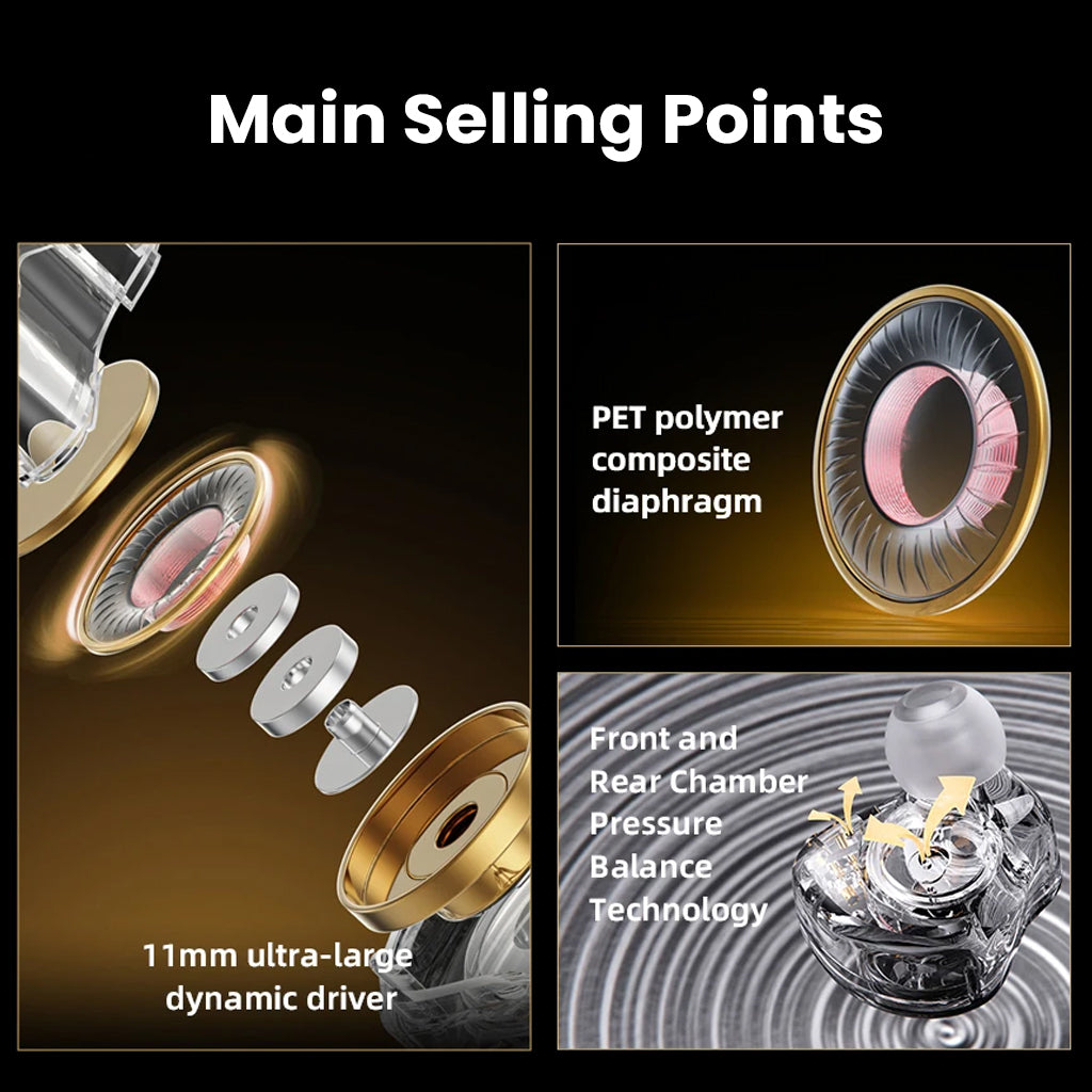 Main selling points of AUDIOCULAR ARC IEM include PET diaphragm, large 11mm driver, and balanced pressure chamber for enhanced audio clarity.