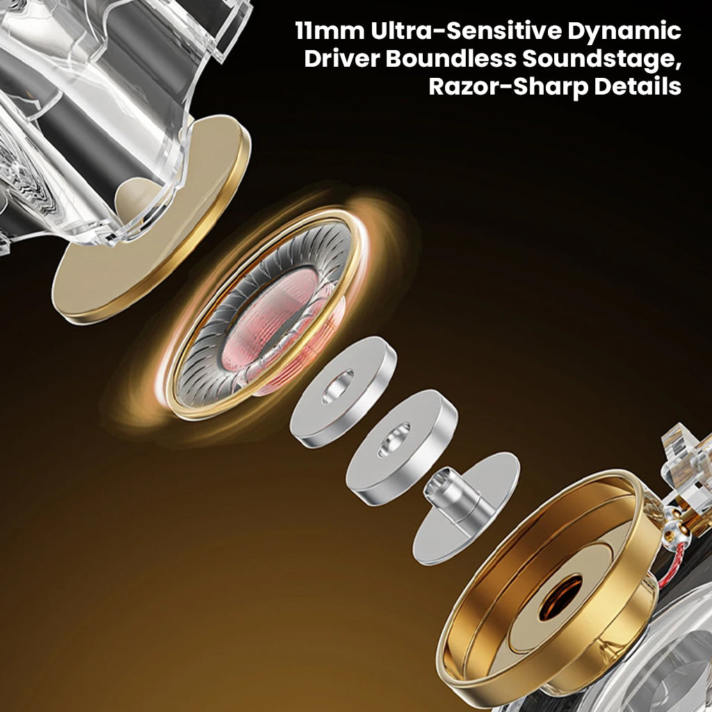 Close-up of AUDIOCULAR ARC IEM's 11mm ultra-sensitive dynamic driver with exploded view showing internal components for high-resolution sound.