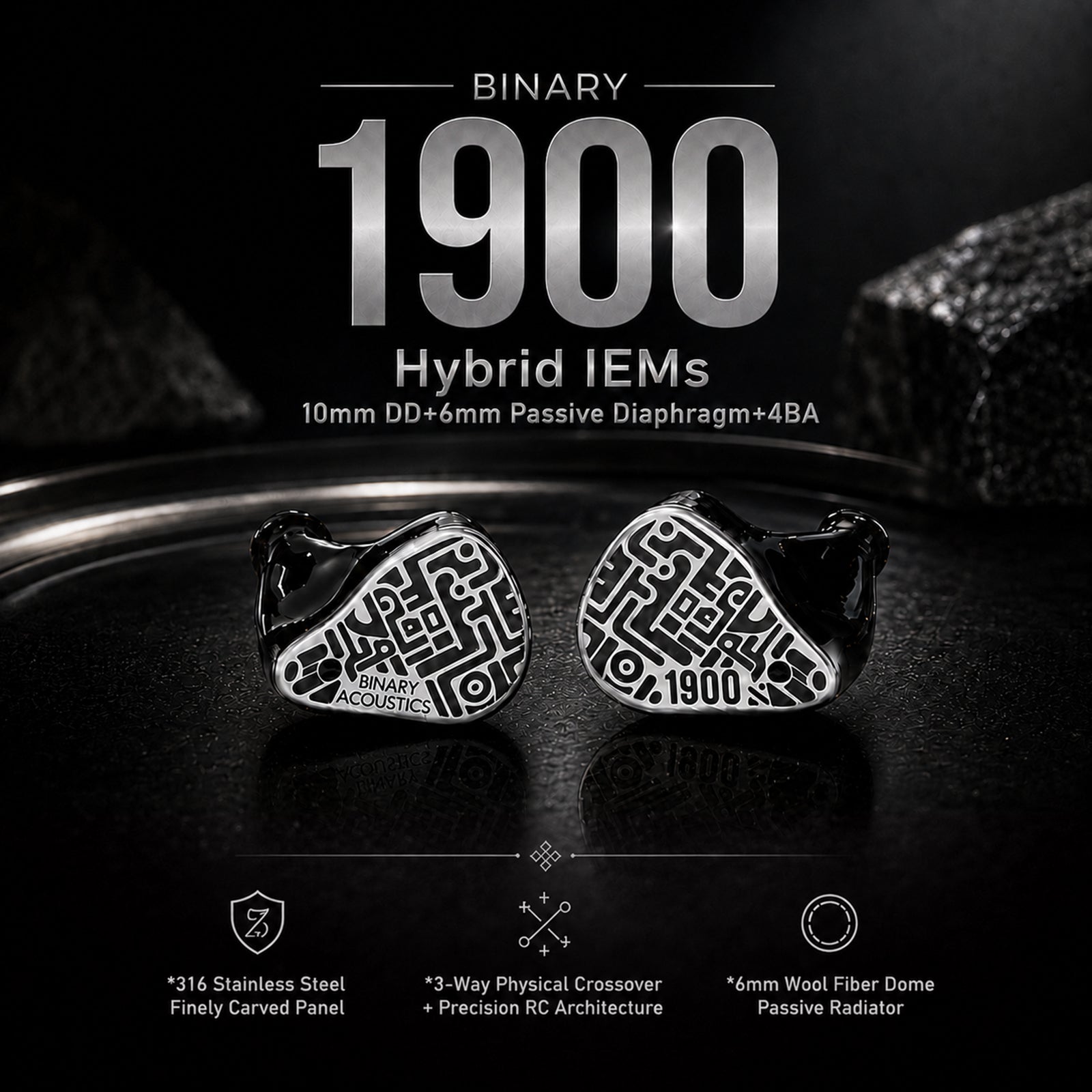 Binary Acoustics - 1900 10mm DD + 6mm Passive Radiator + 4BA Hybrid IEMs