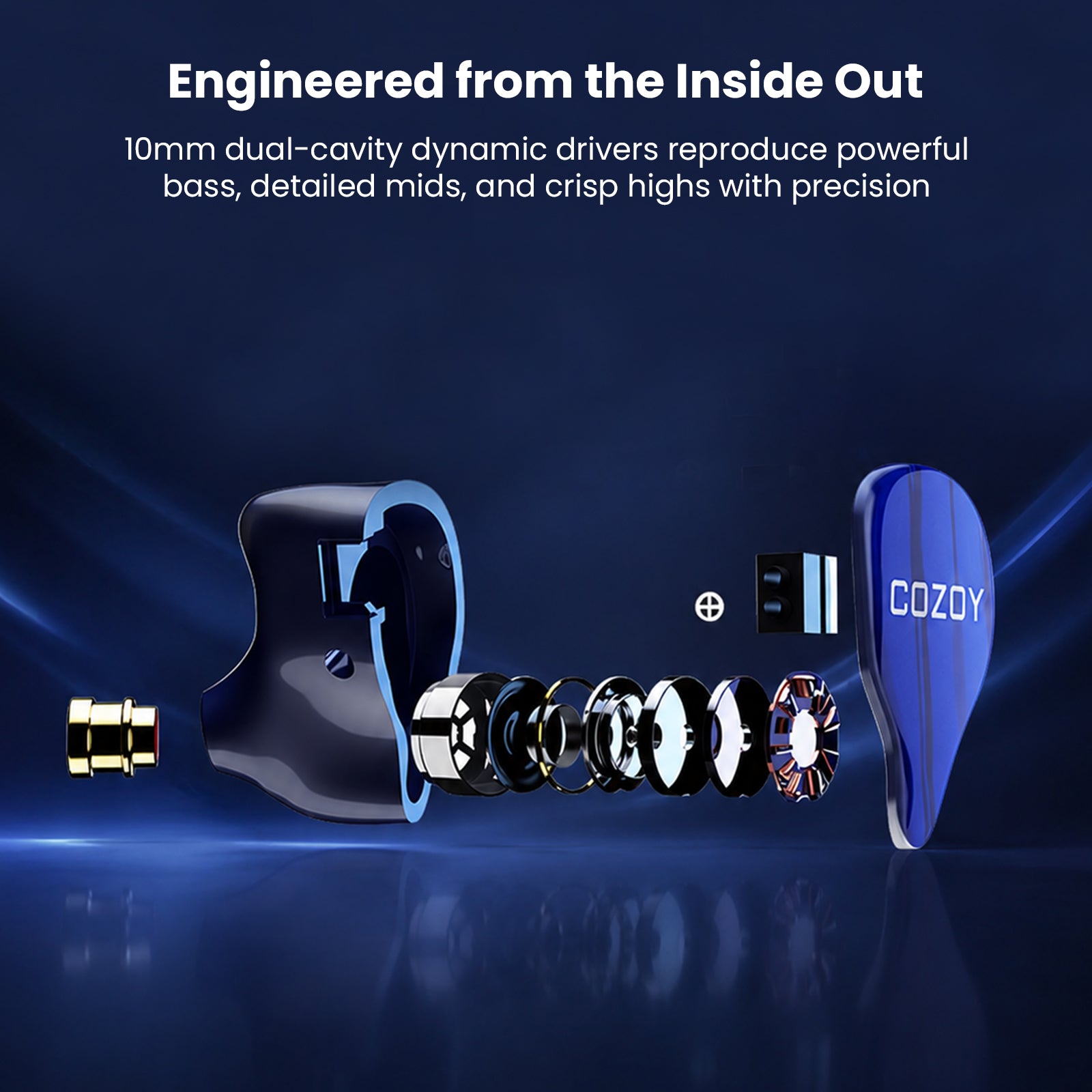 Exploded view of COZOY D1 earphone components