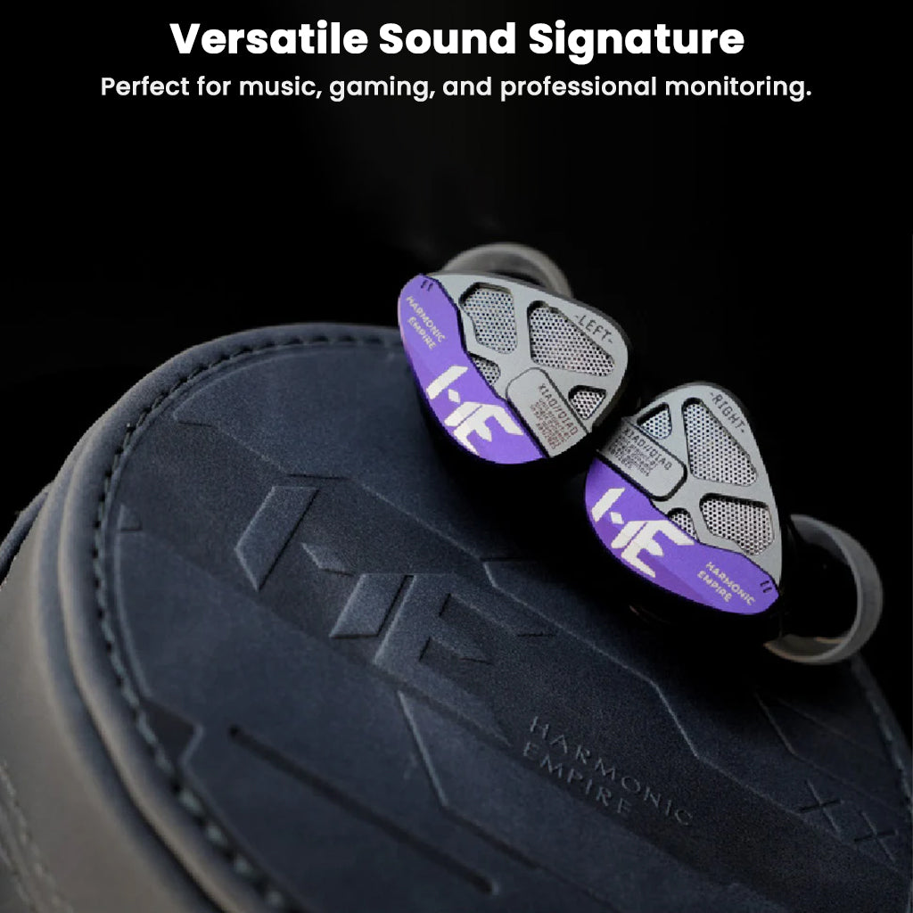 Gray earbuds with purple accents on a black background, featuring the brand 'Harmonic Empire'.