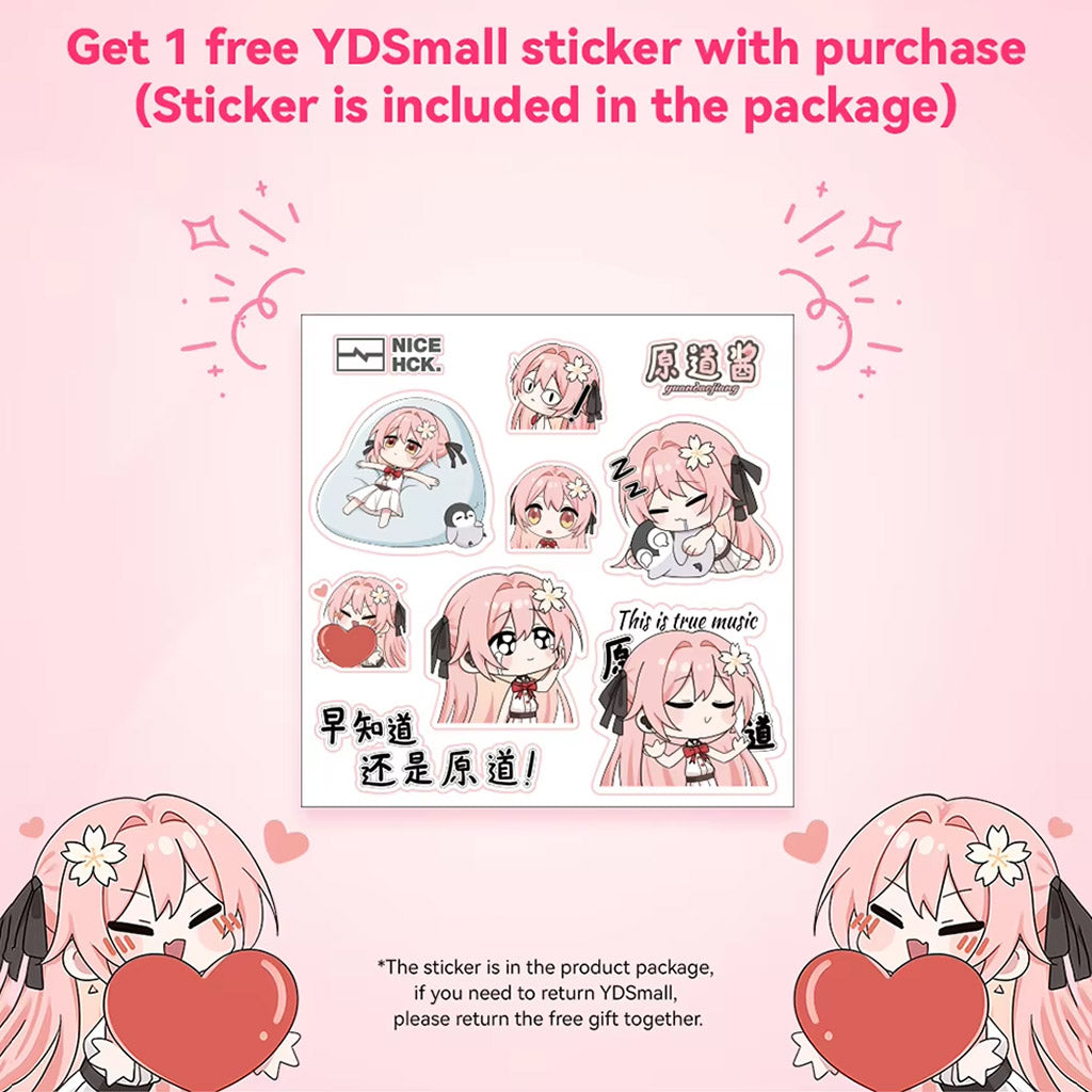 Free YDSmall anime-themed sticker sheet included with purchase of NiceHCK-YDSmall earphones, featuring cute character designs.