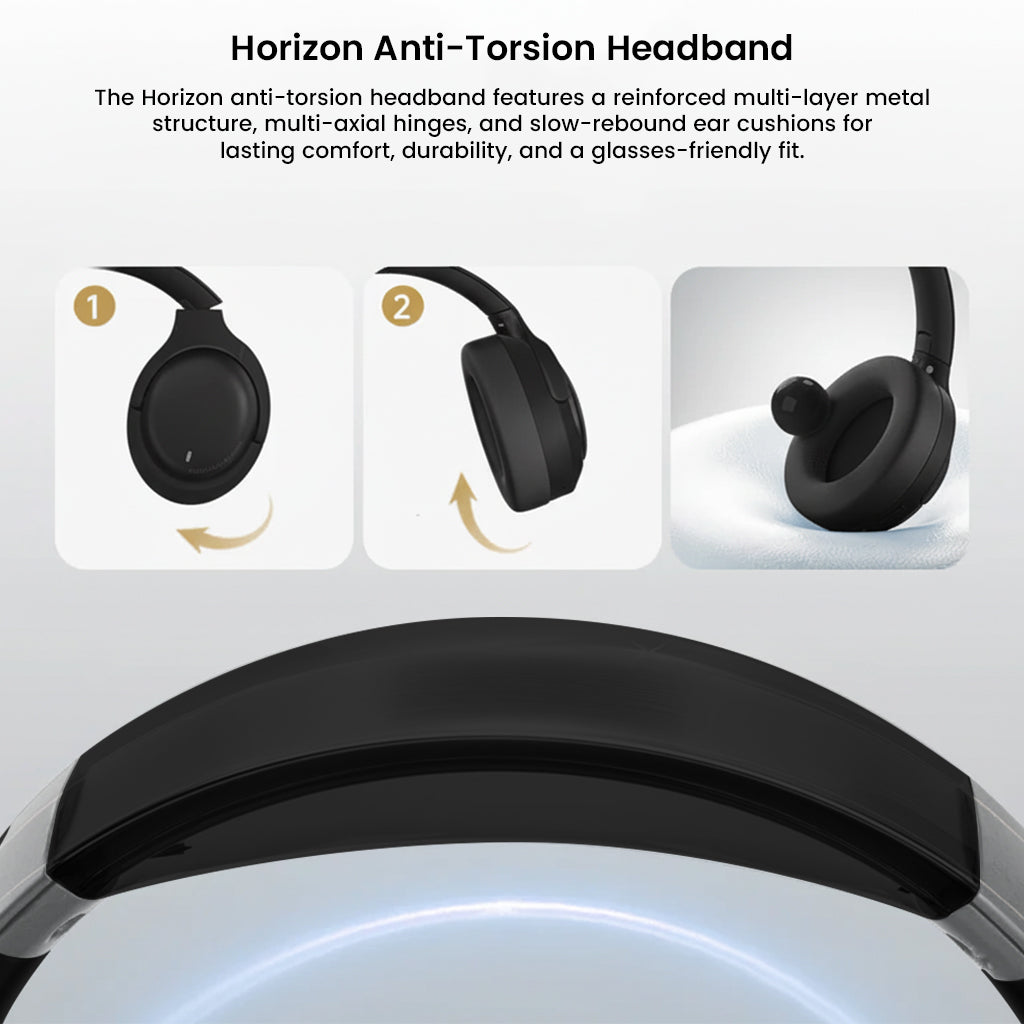 Detailed view of ROSESELSA Cambrian headphones' Horizon Anti-Torsion Headband with multi-layer metal structure and soft ear cushions.
