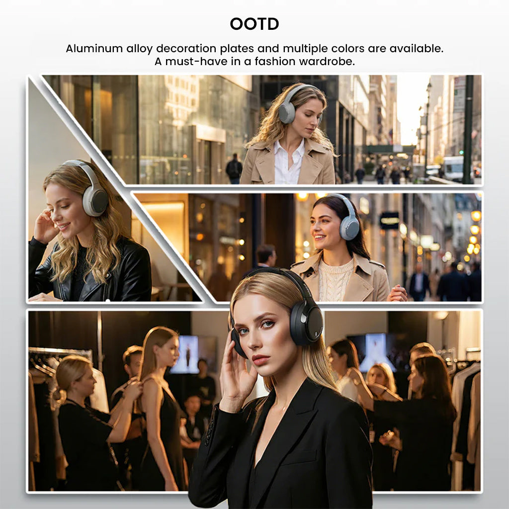 Fashion-forward individuals wearing ROSESELSA Cambrian headphones in various outfits, emphasizing style and aluminum alloy design plates.