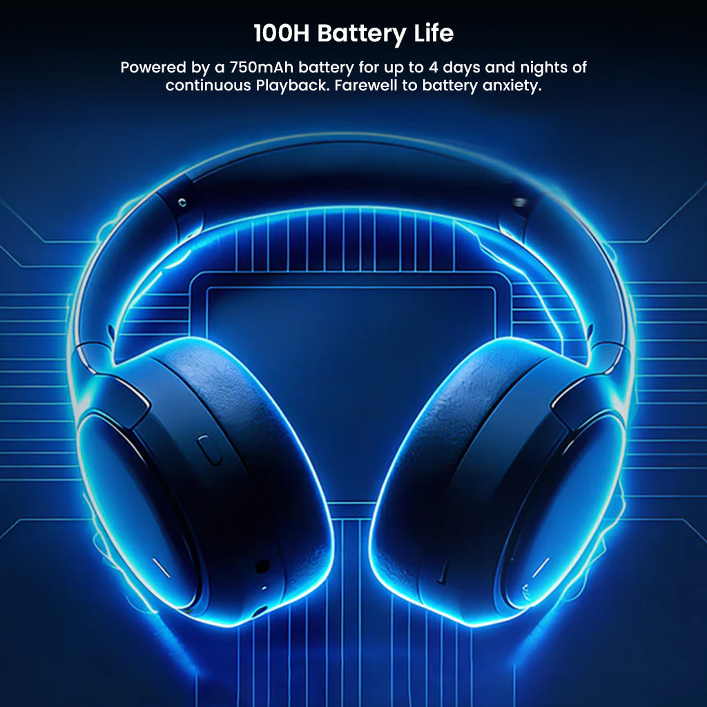 Glowing ROSESELSA Cambrian Over Ear Wireless Headphones with 100H battery life, powered by 750mAh battery for extended playback time.