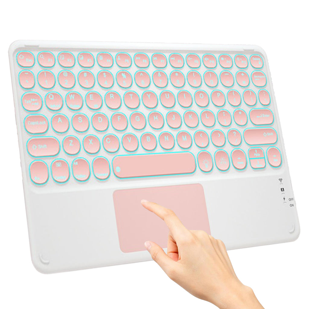 Pink TECPHILE 250D Wireless Keyboard with hand gesture on touchpad, featuring backlit keys and slim design.