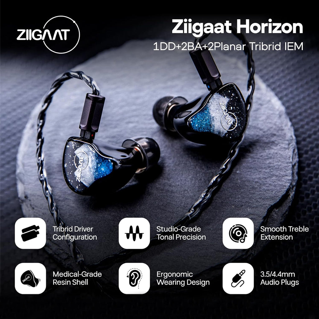 ZiiGaat Horizon Tribrid IEM featuring ergonomic design, studio-grade tuning, and tribrid driver setup for audiophile-quality sound.