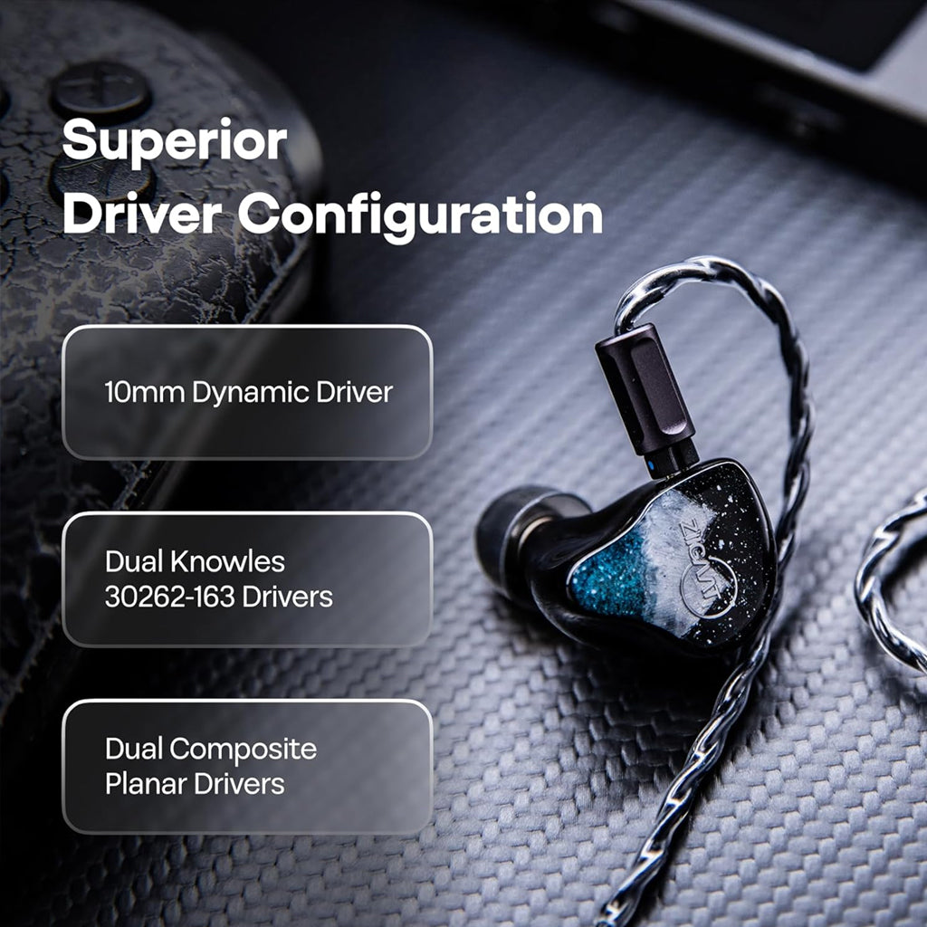 Close-up of ZiiGaat Horizon IEM highlighting 10mm dynamic driver, dual Knowles BA, and dual planar drivers for superior audio performance.