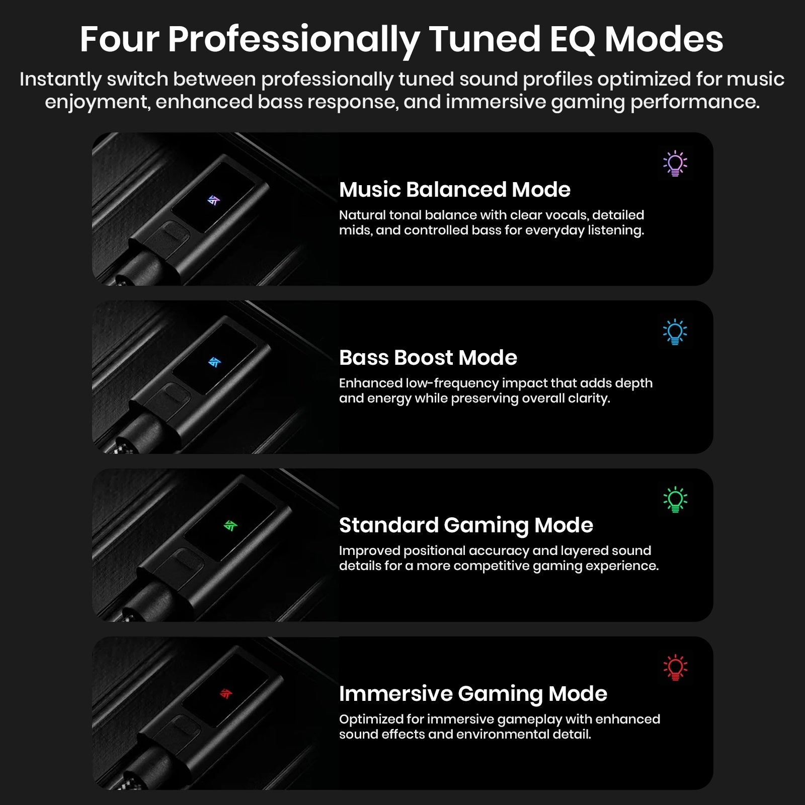 Four professionally tuned EQ modes with descriptions on a black background