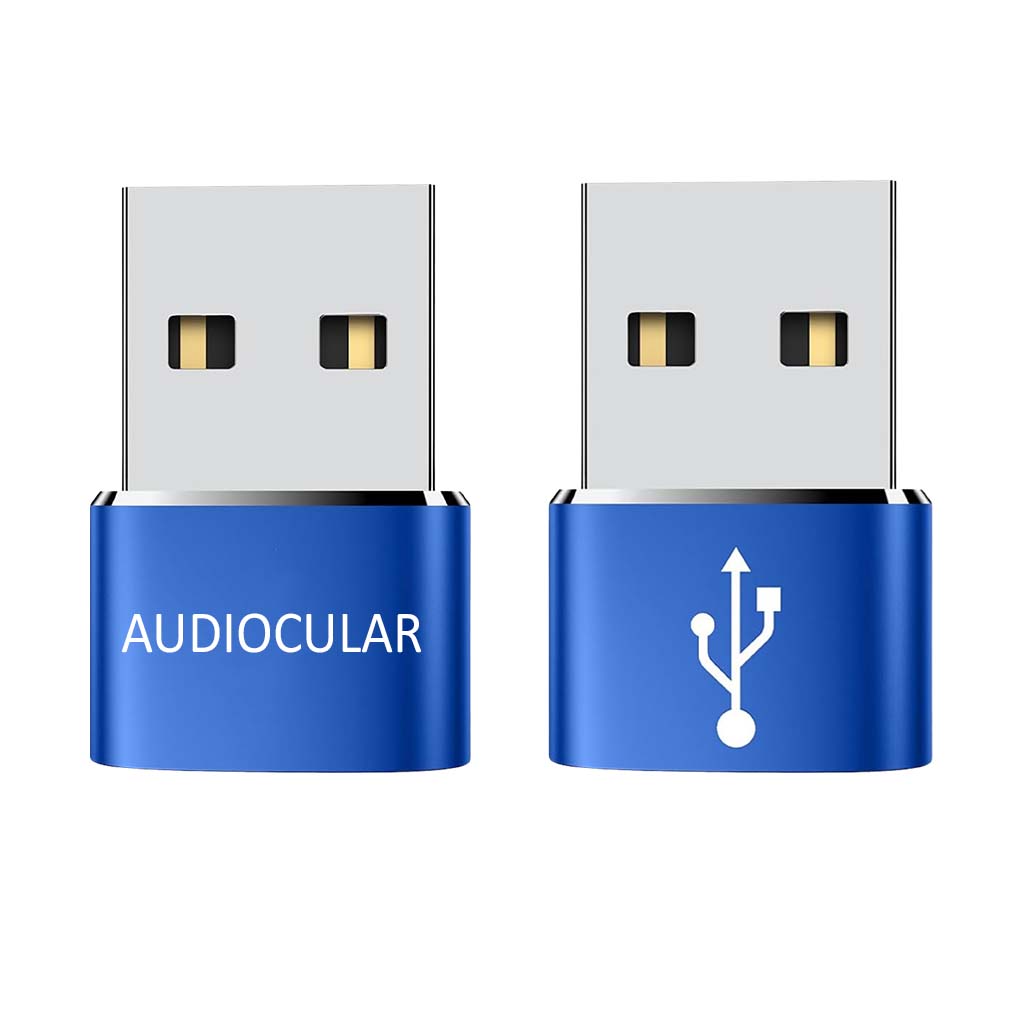 Set of four blue AUDIOCULAR Type-C to USB-A OTG Adapters, perfect for multiple devices and color preference.