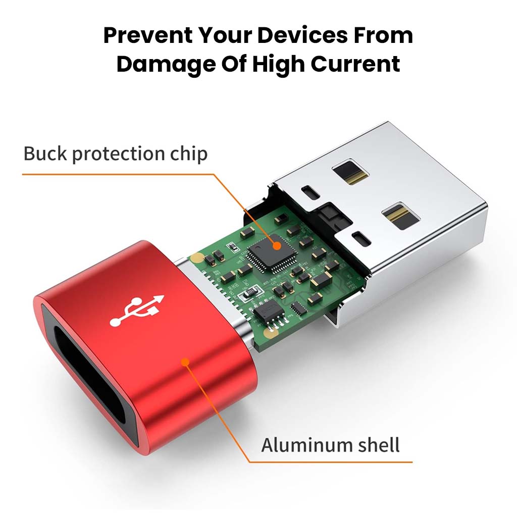 Internal view of AUDIOCULAR OTG Adapter showing buck protection chip and aluminum shell for safe high-current use.