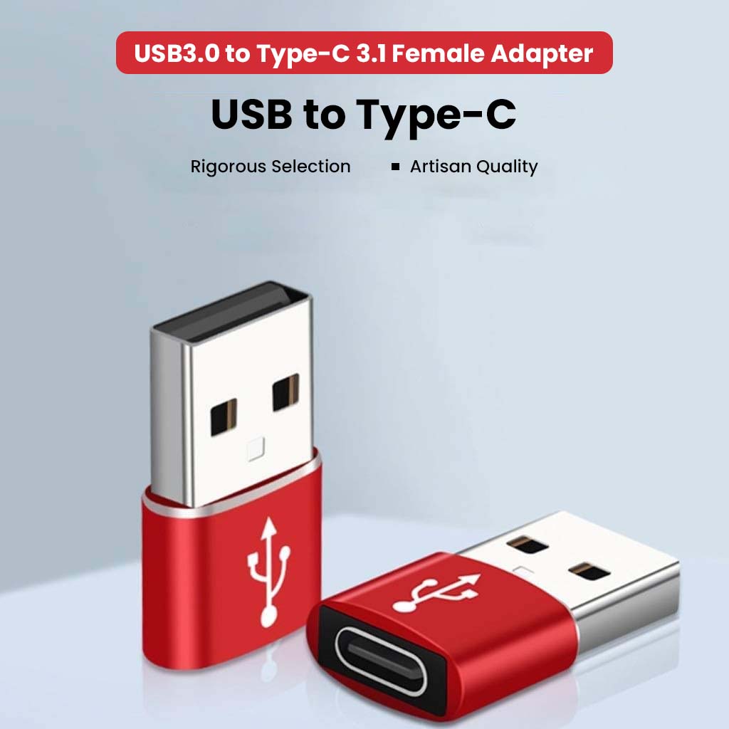 AUDIOCULAR USB 3.0 to Type-C 3.1 Female Adapter in red, highlighting artisan quality and rigorous selection.