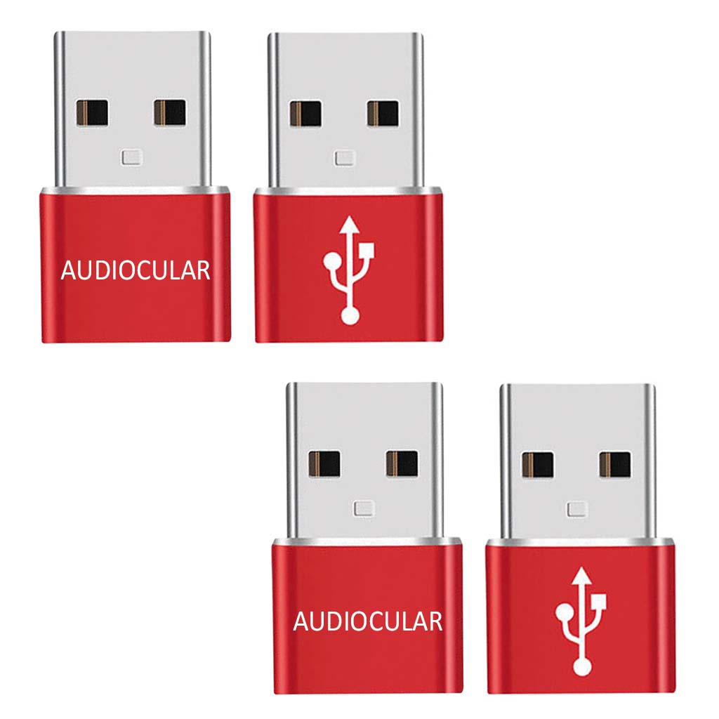 Blue version of AUDIOCULAR Type-C Female to USB-A Male OTG Adapter with branding and USB logo.