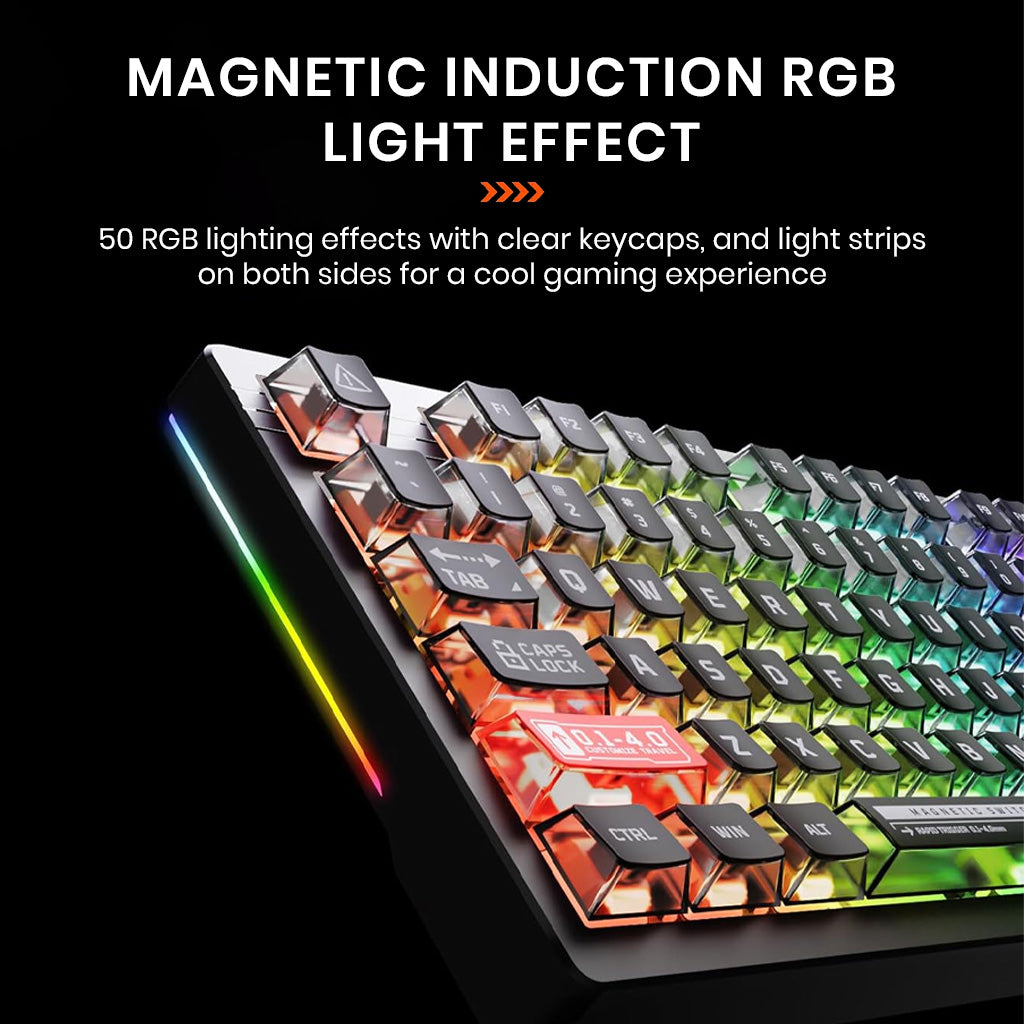 DAREU EK75RT features magnetic induction RGB lighting with 50 effects and transparent keycaps for immersive gaming visuals.