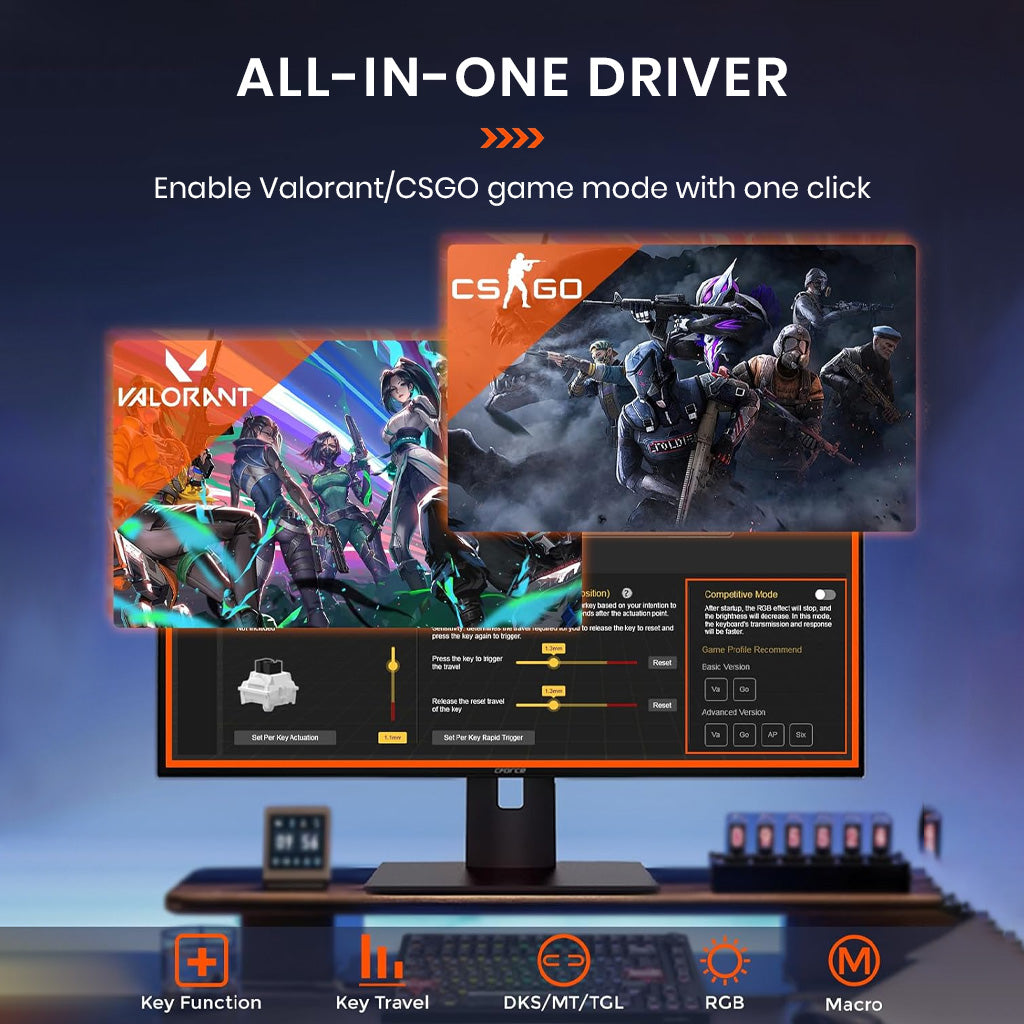 DAREU EK75RT gaming keyboard supports all-in-one driver for quick setup of Valorant and CS:GO game modes and macros.