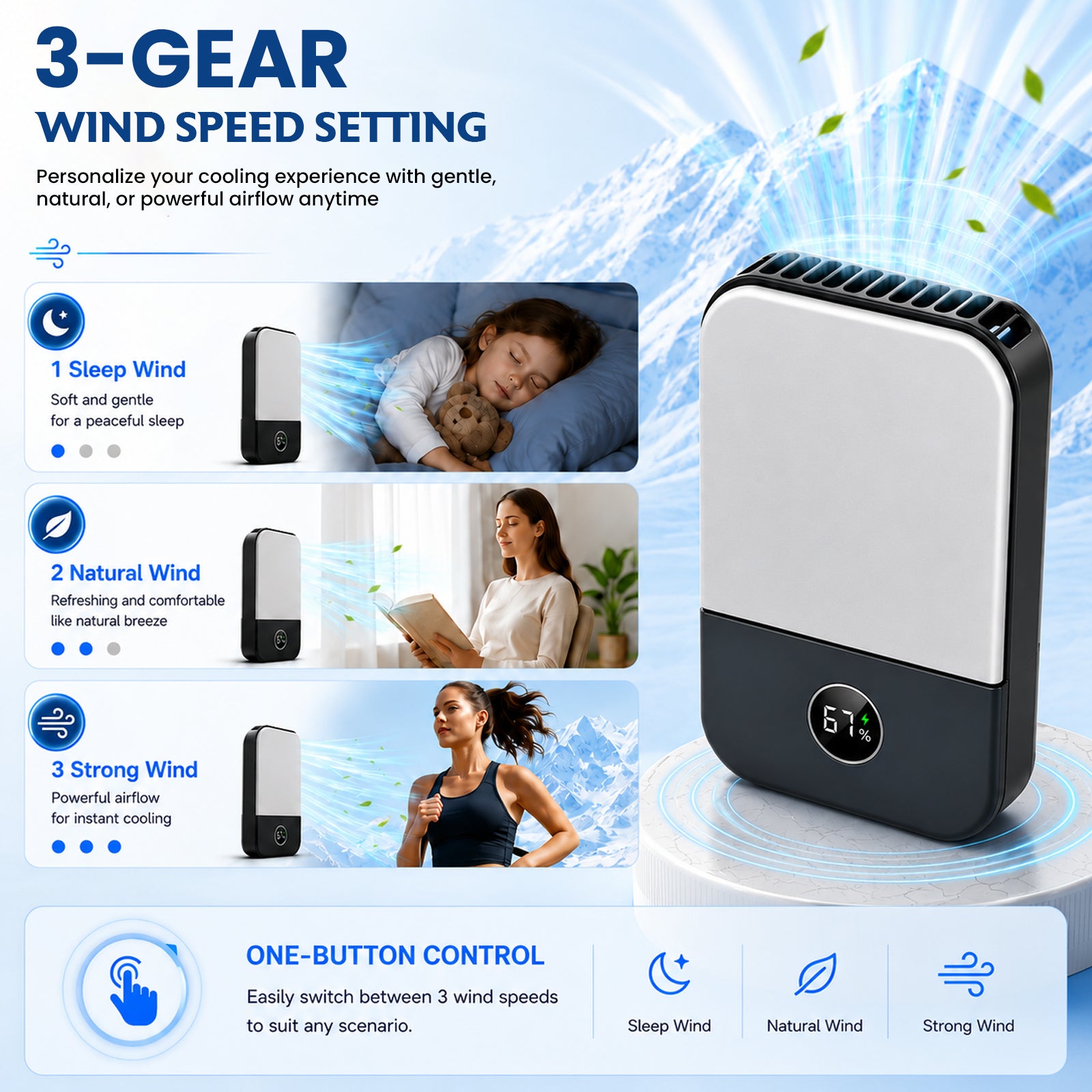 DQ205 Portable Neck Fan with LCD Display Rechargeable & 3-Speed Airflow