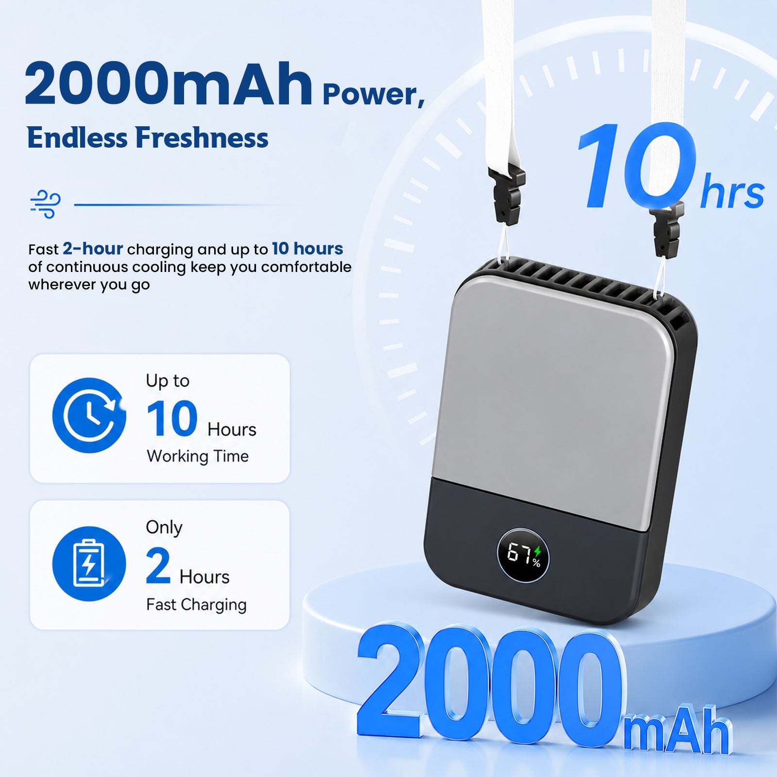 DQ205 Portable Neck Fan with LCD Display Rechargeable & 3-Speed Airflow