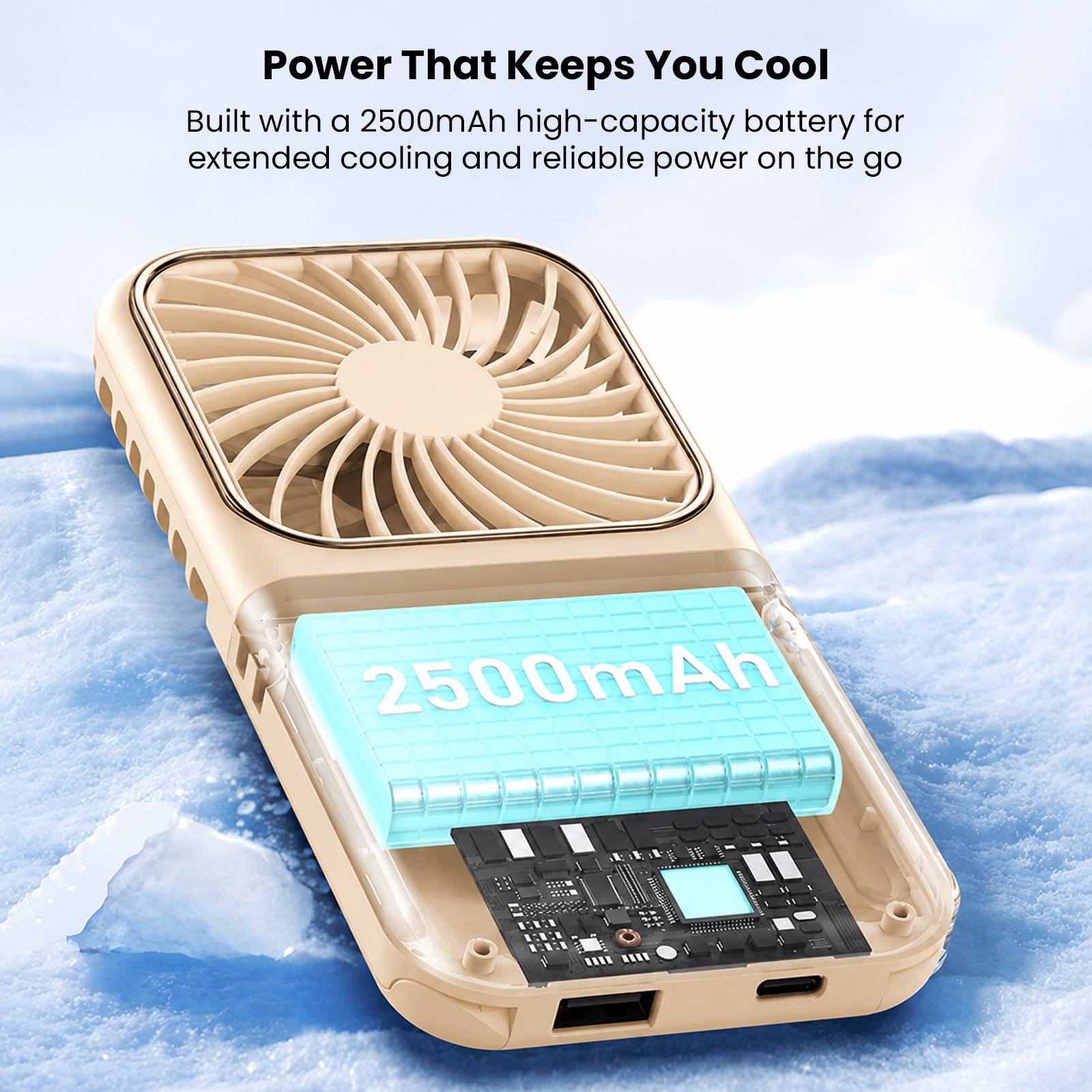 Beige portable fan with digital display, showing 100% power, designed for outdoor activities, travel, and everyday use
