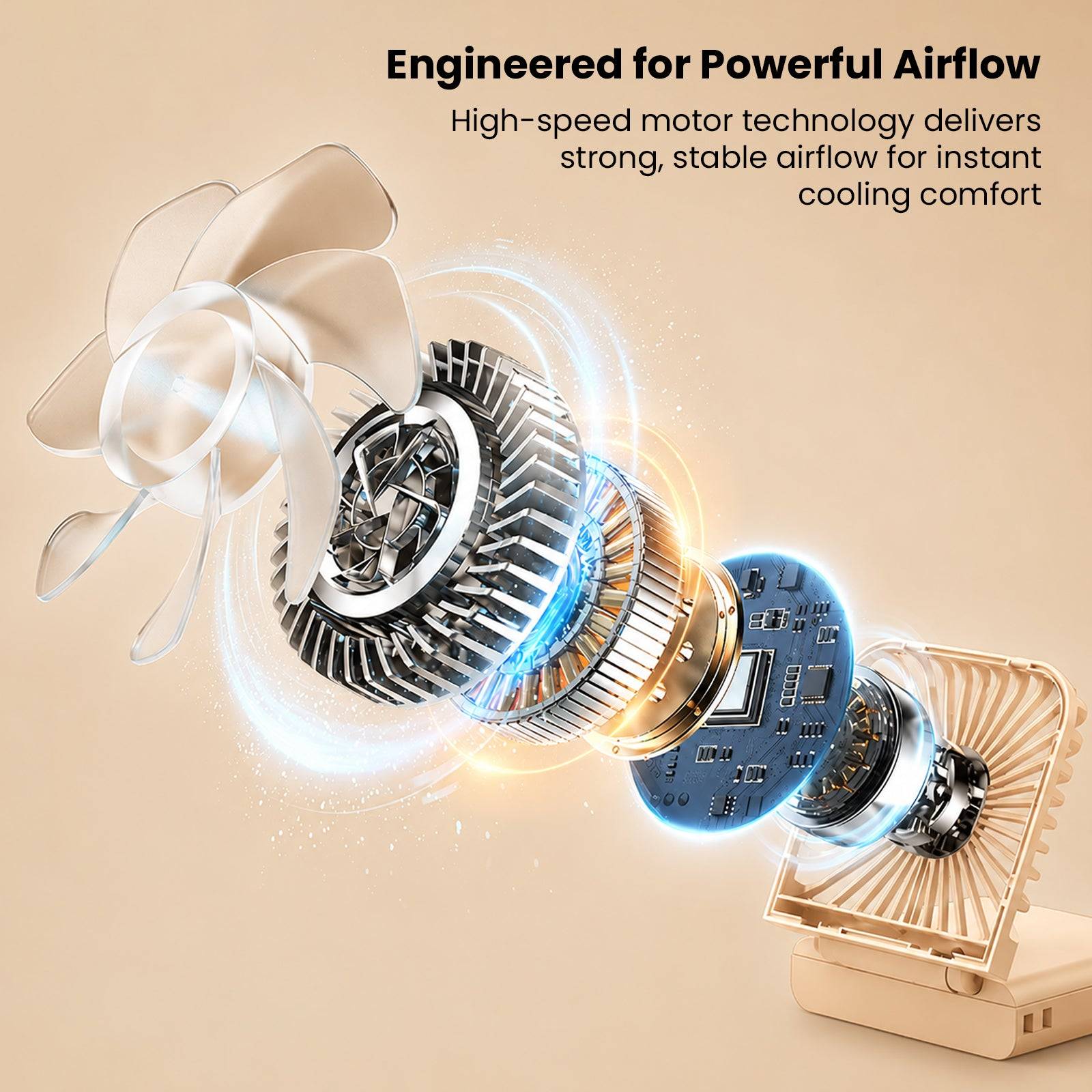 Disassembled view of fan components including motor, blades, and circuit board, highlighting powerful airflow technology and engineering
