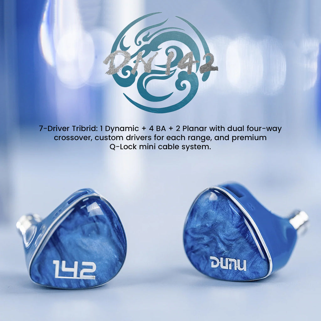 DUNU DN 142 Ao Bing Edition IEMs with 7-driver tribrid setup, featuring dynamic, balanced armature, and planar drivers for audiophile sound.