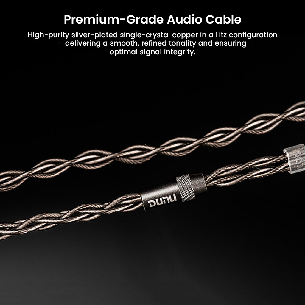 Close-up of DUNU DN 142 premium-grade audio cable made from silver-plated single-crystal copper in Litz configuration for optimal signal.