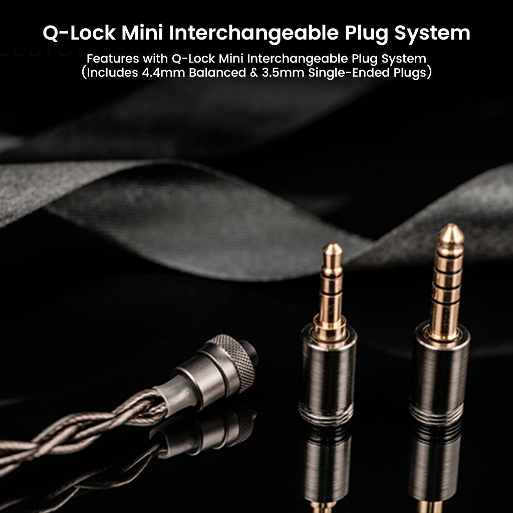 Q-Lock Mini interchangeable plug system for DUNU DN 142 IEMs, featuring 4.4mm balanced and 3.5mm single-ended plugs for flexible use.