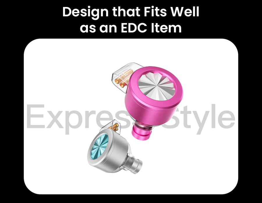 Two LETSHUOER earphones, one in metallic pink and one in silver, are shown, each with a distinctive fan-blade design on the faceplate.