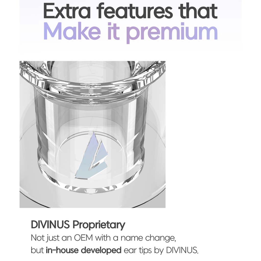 Divinus Prism eartips feature proprietary design with premium branding, developed exclusively by Divinus.